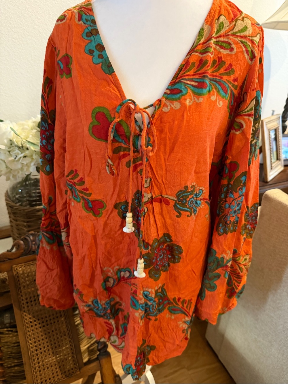 Vibrant Orange Floral Tie-Front Boho cover up